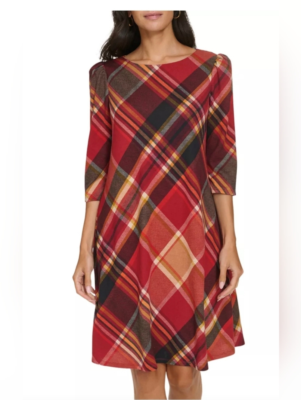 Jessica Howard Women's 3/4 Sleeve Plaid Print A-Line Dress